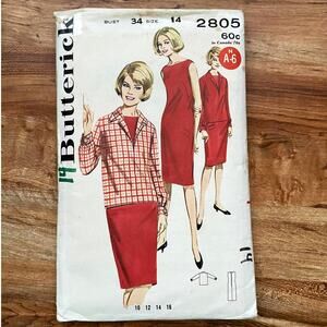 UNCUT Vintage 1960s Butterick 2805 Sewing Pattern Sz Sm 14 2 Piece Fitted Dress